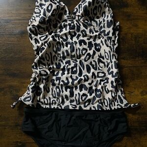 Leopard Print Swimsuit Top with Black Bottoms